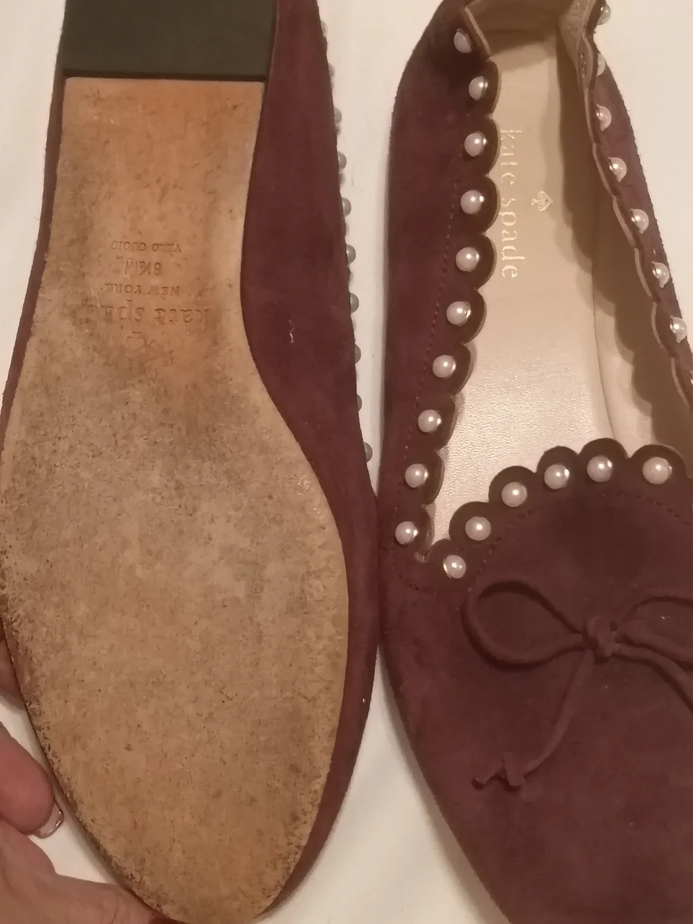 kate spade Burgundy Suede Pearl-Trim Scalloped Flats